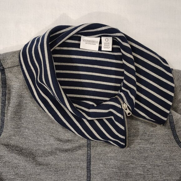 Weekend by Chico's Striped Collar Top Sz 0 (S/M) Cowl Neck Gray Blue Long Sleeve - Picture 7 of 16